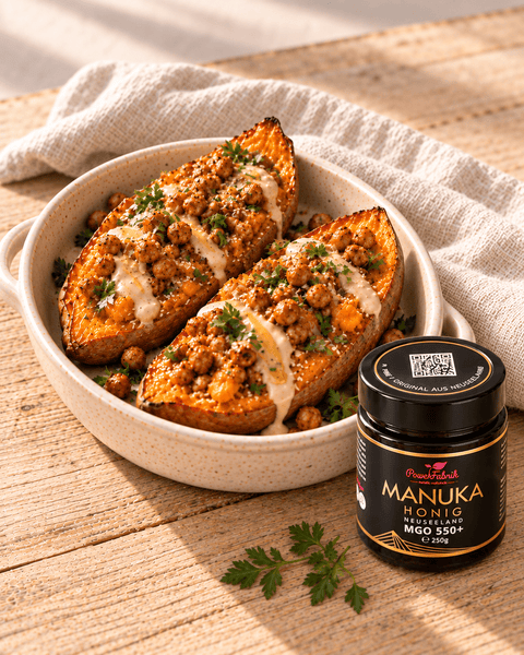 Geröstete Süßkartoffel mit Kichererbsen, Tahini und Manuka Honig - PowerFabrik