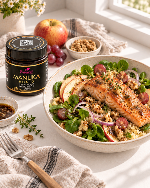 Herbst-Bowl mit Lachs, Couscous und Manuka Dressing - PowerFabrik