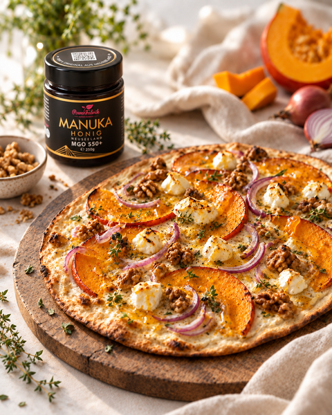 Kürbis-Flammkuchen mit Ziegenkäse und Manuka Honig - PowerFabrik