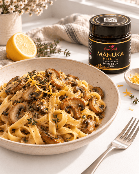 Pilz-Pasta mit Zitrone, Thymian und Manuka Honig - PowerFabrik