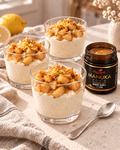 Zitronen-Ricotta-Creme mit gebratenen Äpfeln und Manuka Honig - PowerFabrik